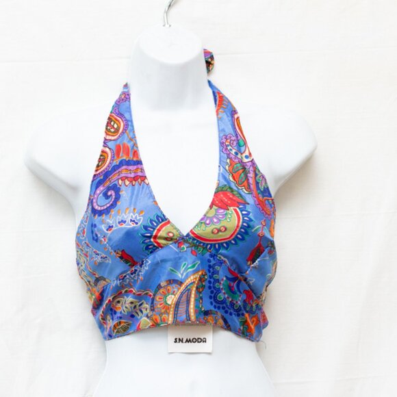 NWT Vintage Style 70s Boho Hippie Handmade Reversible Silk Tie Halter Crop Top - Picture 1 of 6